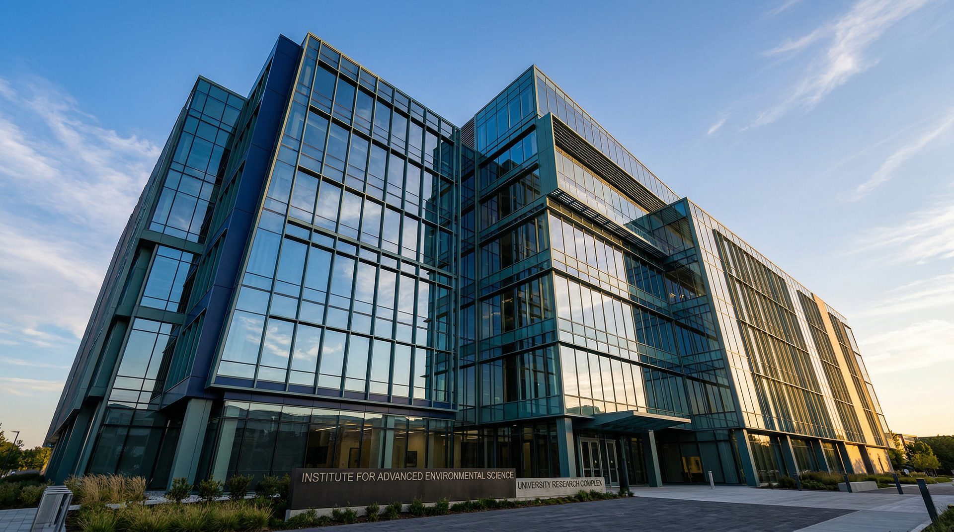 Modern institutional building with high-performance glass curtain wall facade